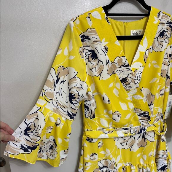 NWT Eliza J Faux Wrap Chiffon Mini Flounce Dress in Yellow Floral - Size 8 - Picture 4 of 9